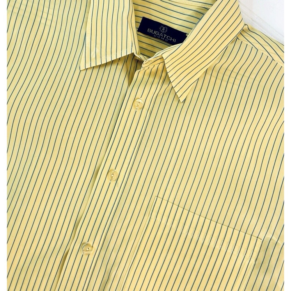 Bugatchi Uomo Men's Large Short Sleeve Button Down‎ Striped Yellow Blue Shirt